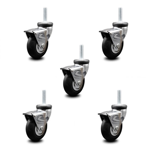 Service Caster 3 Inch Hooded Neoprene Rubber 12mm Threaded Stem Casters with Brakes SCC, 5PK SCC-TS03S310-NPRB-BC-B-M1215-5 - main